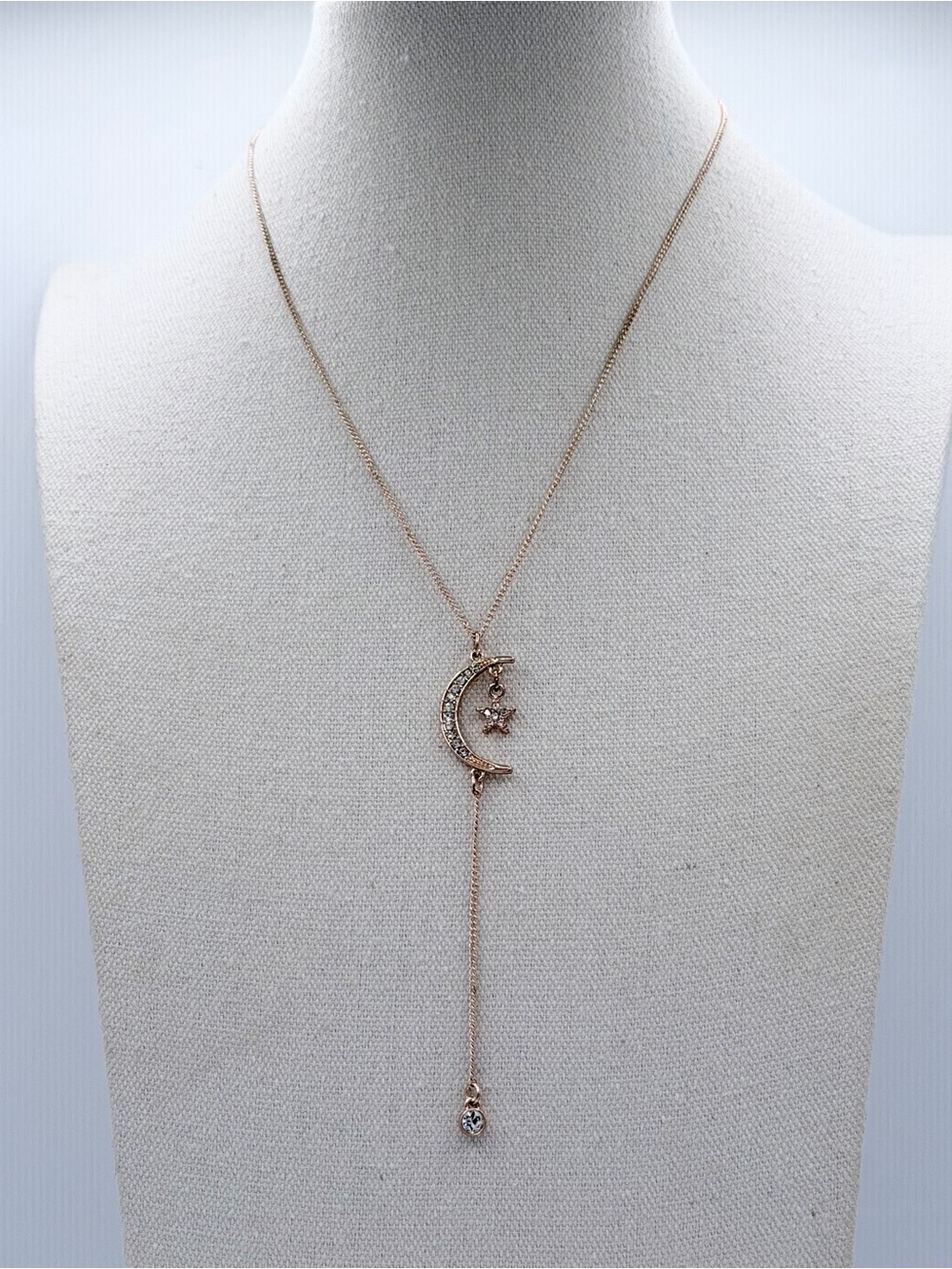 Crescent Moon & Star Crystal Lariat Woman’s Necklace Celestial Jewelry - Picture 3 of 5